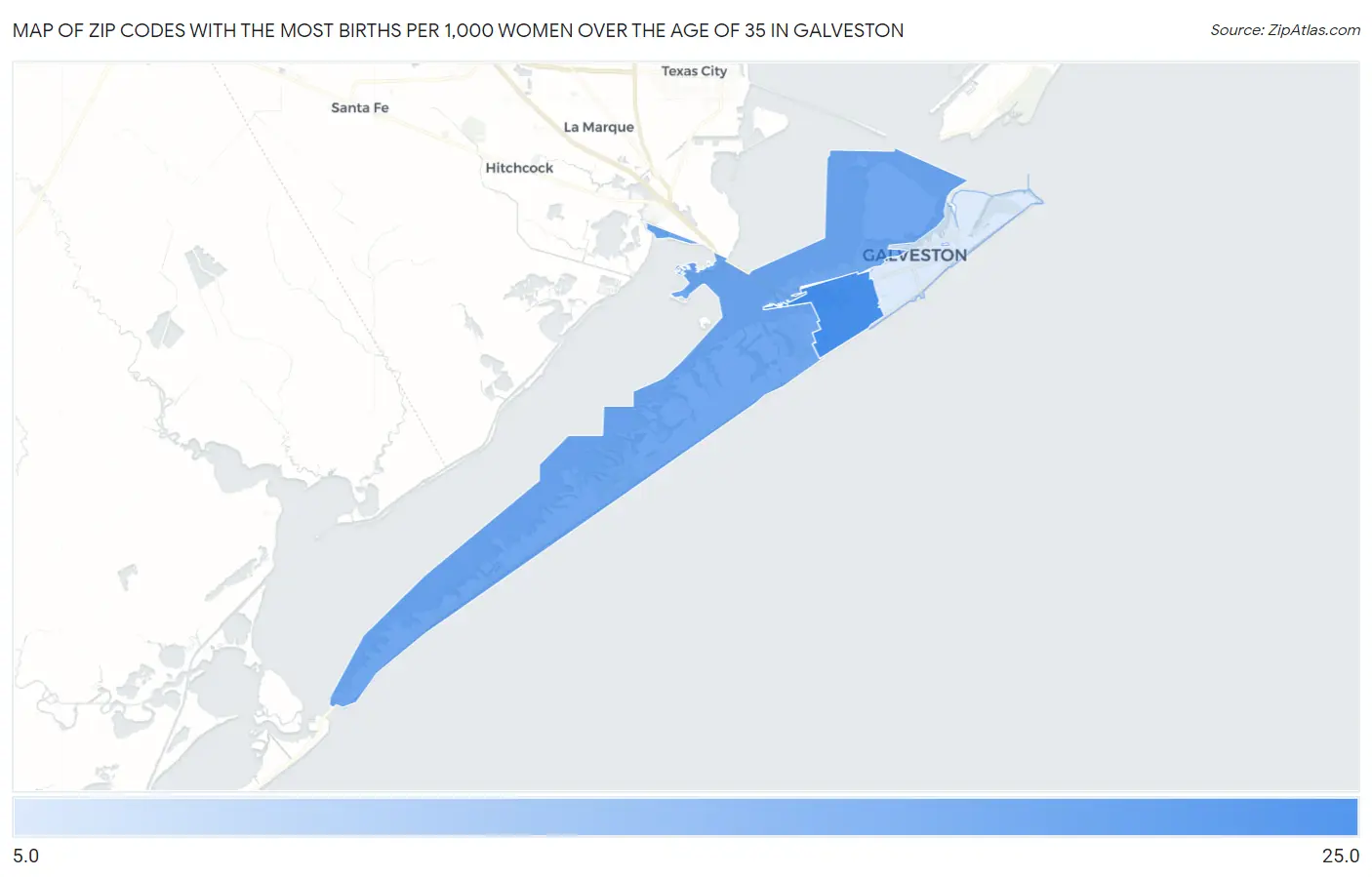 Zip Codes with the Most Births per 1,000 Women Over the Age of 35 in Galveston Map