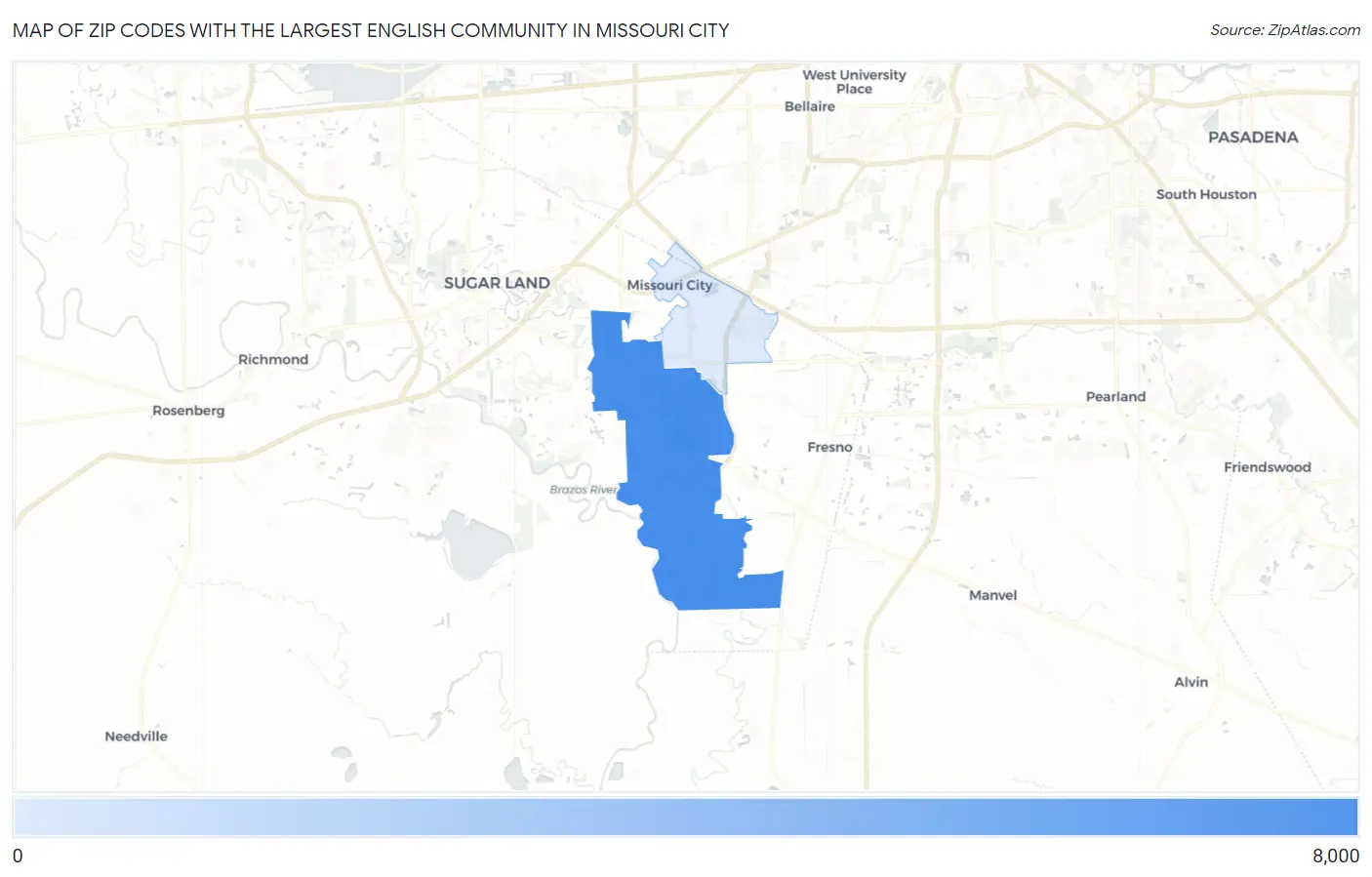 Zip Codes with the Largest English Community in Missouri City Map