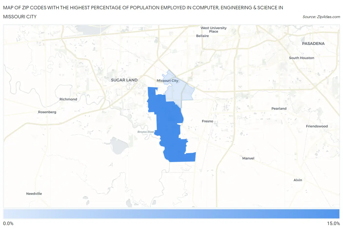 Zip Codes with the Highest Percentage of Population Employed in Computer, Engineering & Science in Missouri City Map