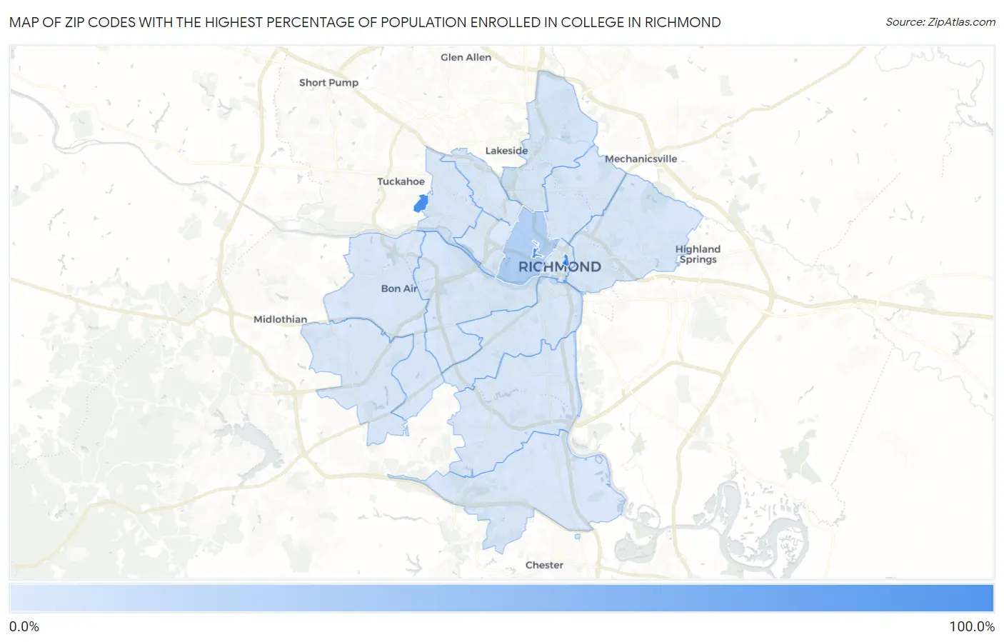 Zip Codes with the Highest Percentage of Population Enrolled in College in Richmond Map