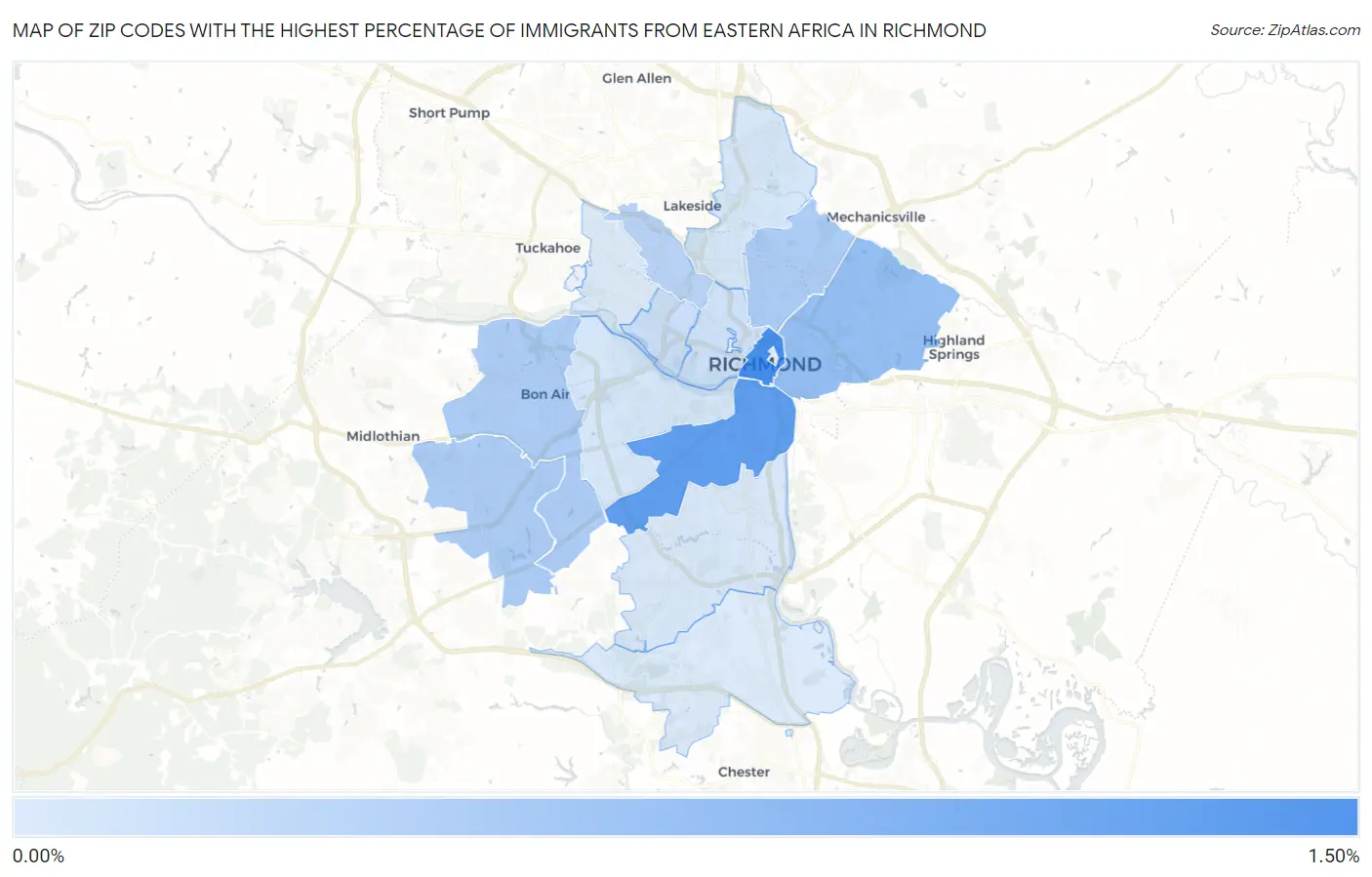 Zip Codes with the Highest Percentage of Immigrants from Eastern Africa in Richmond Map