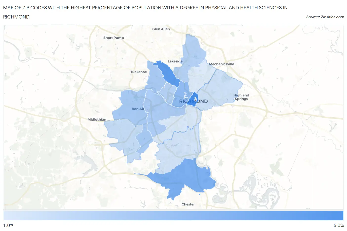 Zip Codes with the Highest Percentage of Population with a Degree in Physical and Health Sciences in Richmond Map