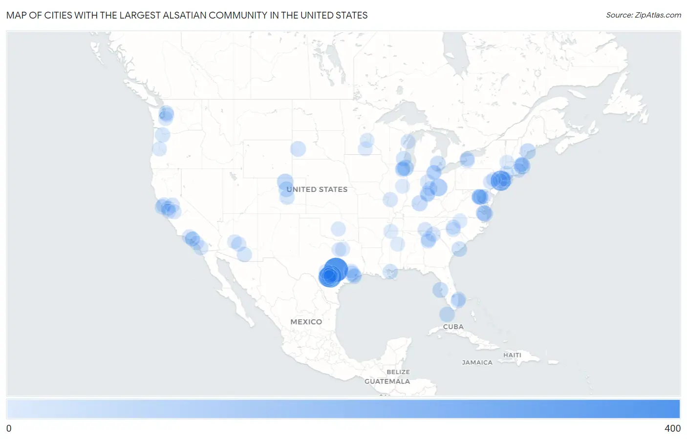 Cities with the Largest Alsatian Community in the United States Map