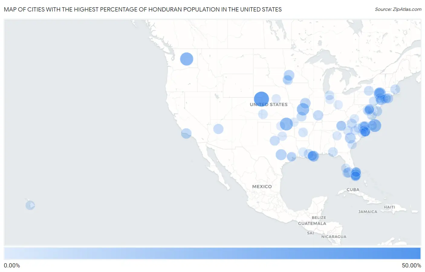 Cities with the Highest Percentage of Honduran Population in the United States Map