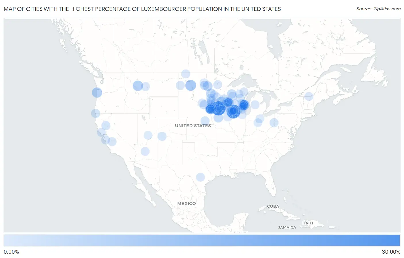 Cities with the Highest Percentage of Luxembourger Population in the United States Map