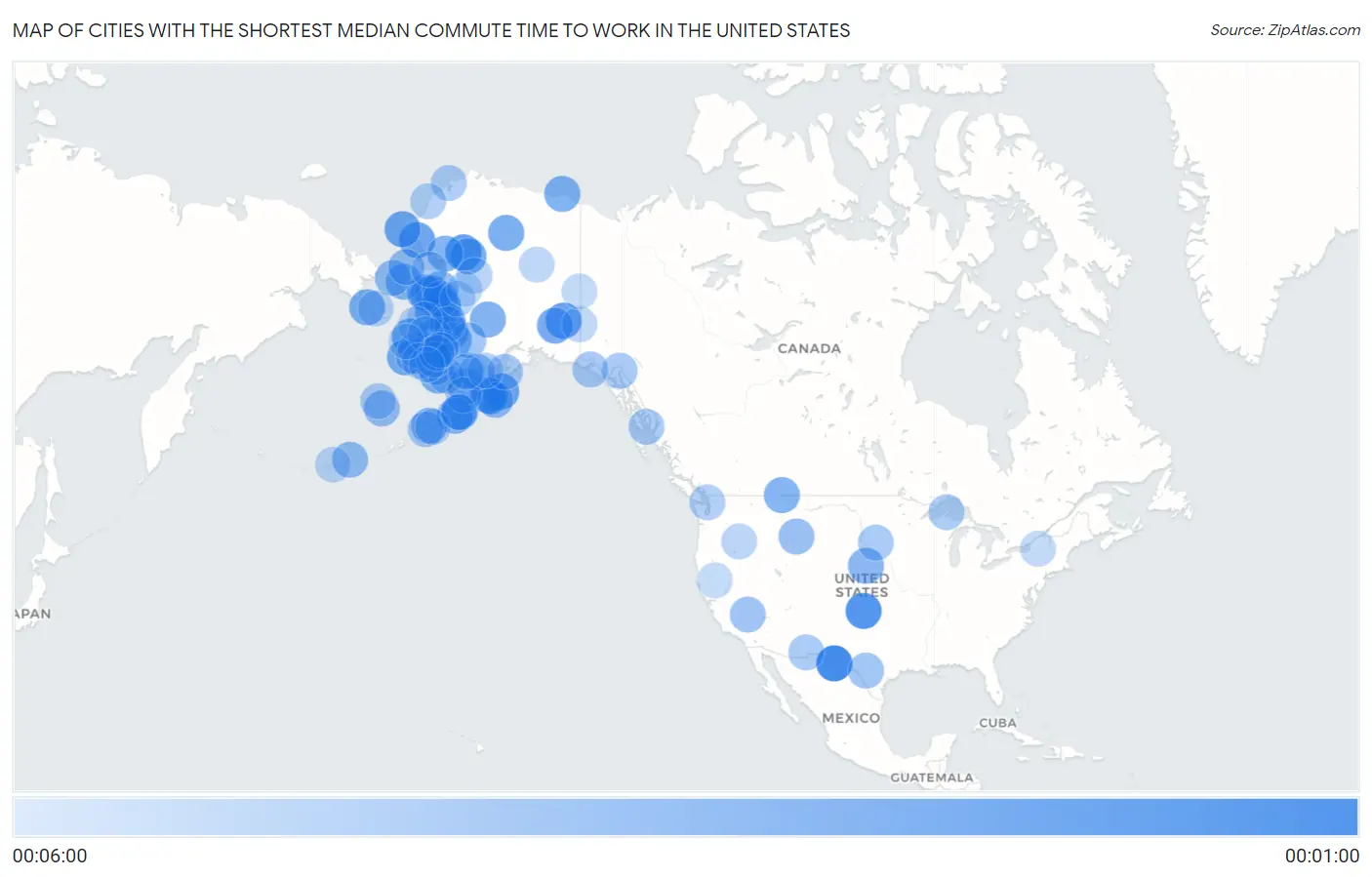 Cities with the Shortest Median Commute Time to Work in the United States Map