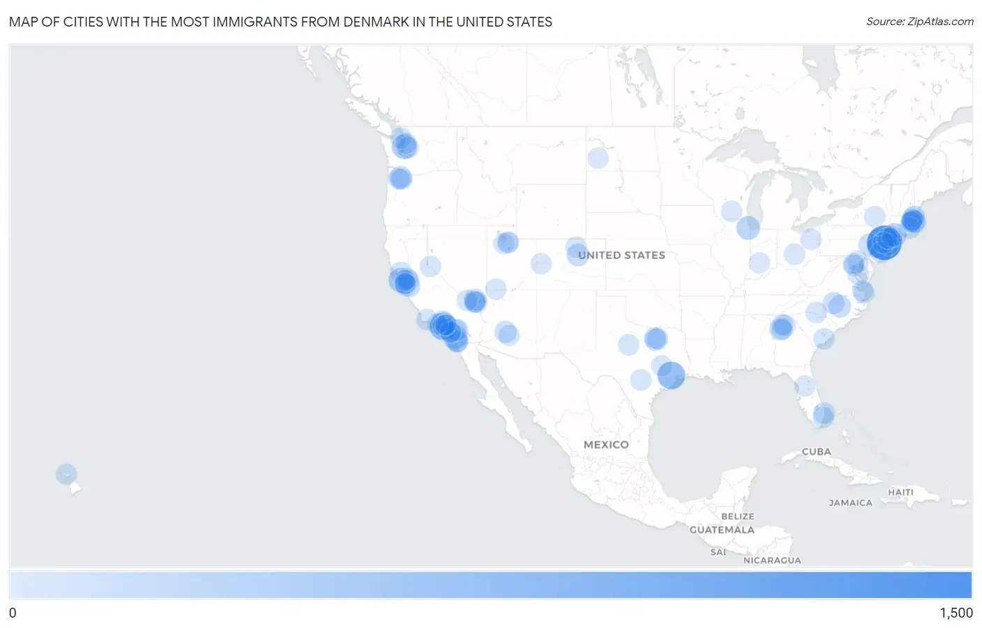 Cities with the Most Immigrants from Denmark in the United States Map