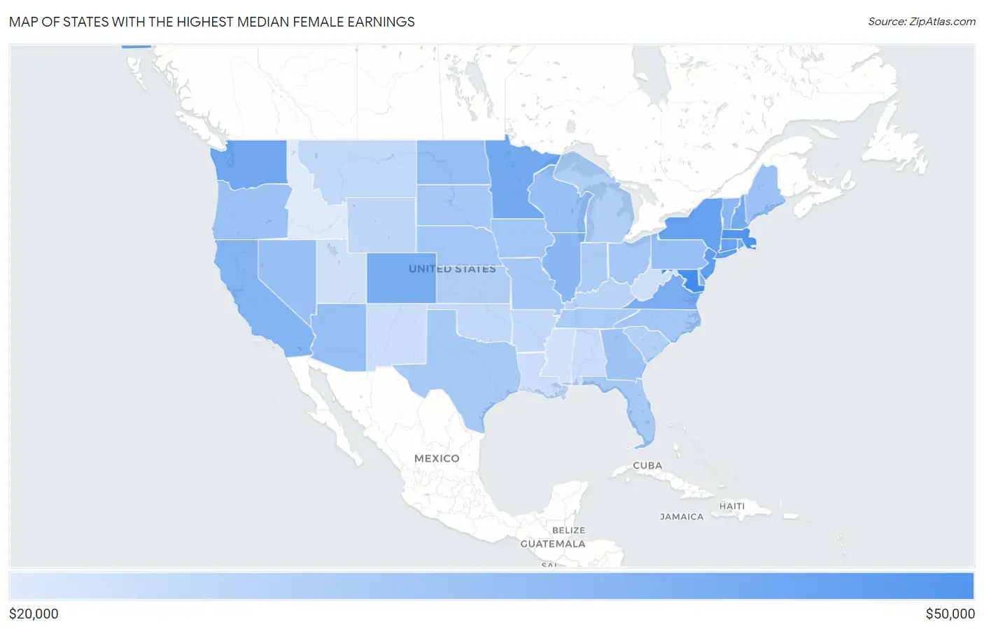 States with the Highest Median Female Earnings in the United States Map