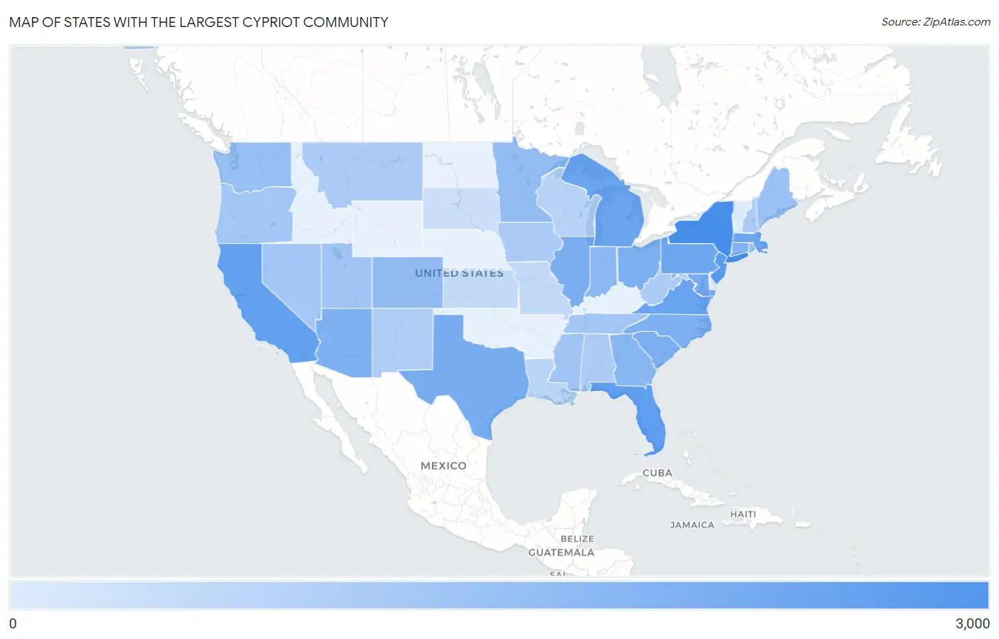 States with the Largest Cypriot Community in the United States Map