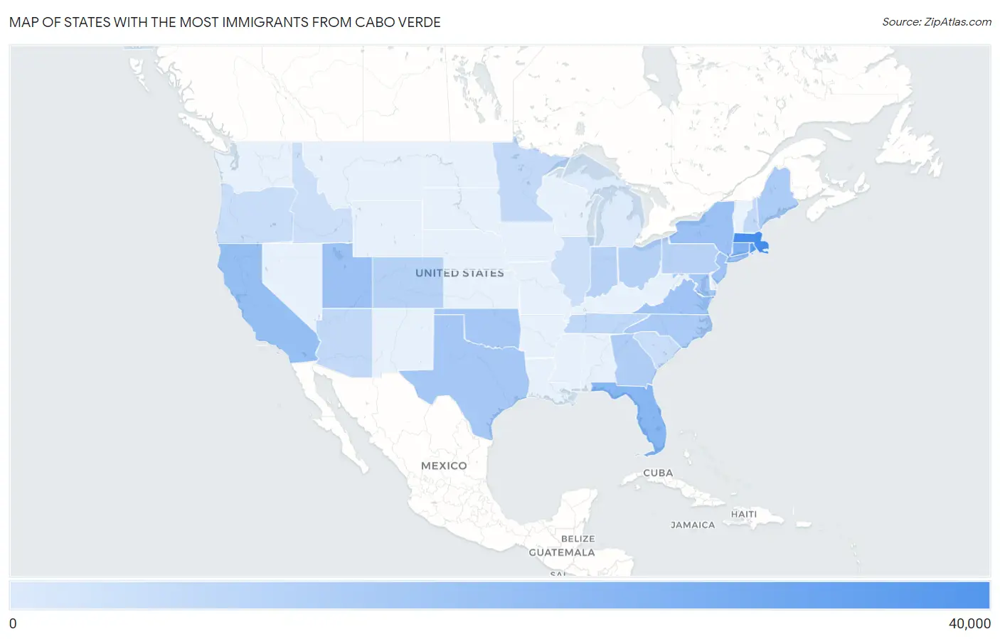 States with the Most Immigrants from Cabo Verde in the United States Map