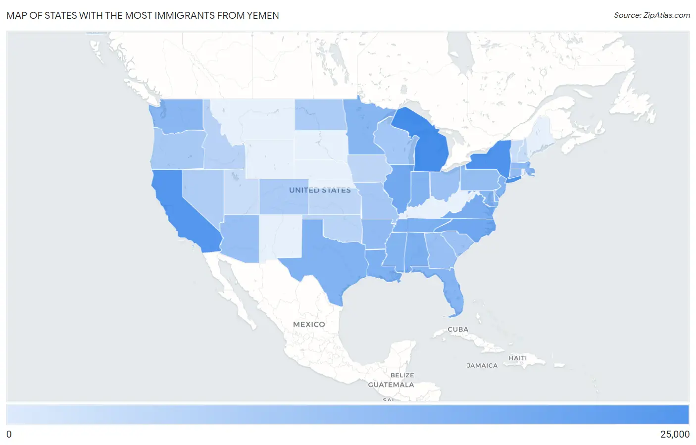 States with the Most Immigrants from Yemen in the United States Map