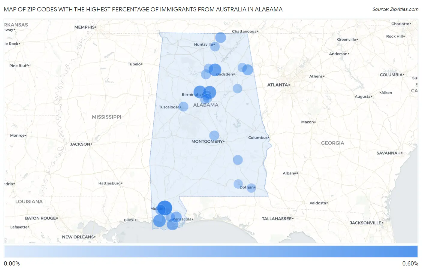 Zip Codes with the Highest Percentage of Immigrants from Australia in Alabama Map