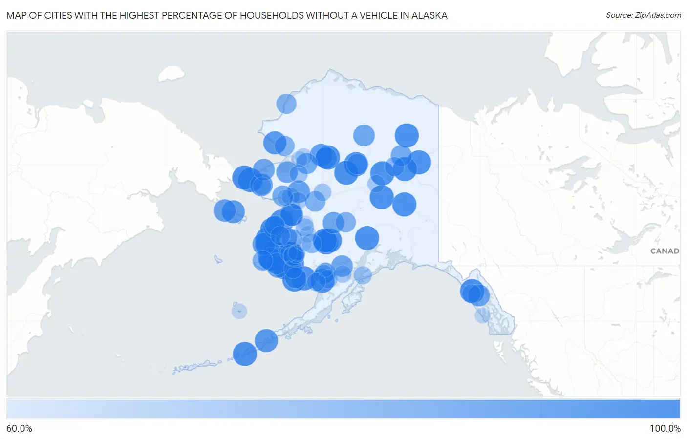 Cities with the Highest Percentage of Households Without a Vehicle in Alaska Map