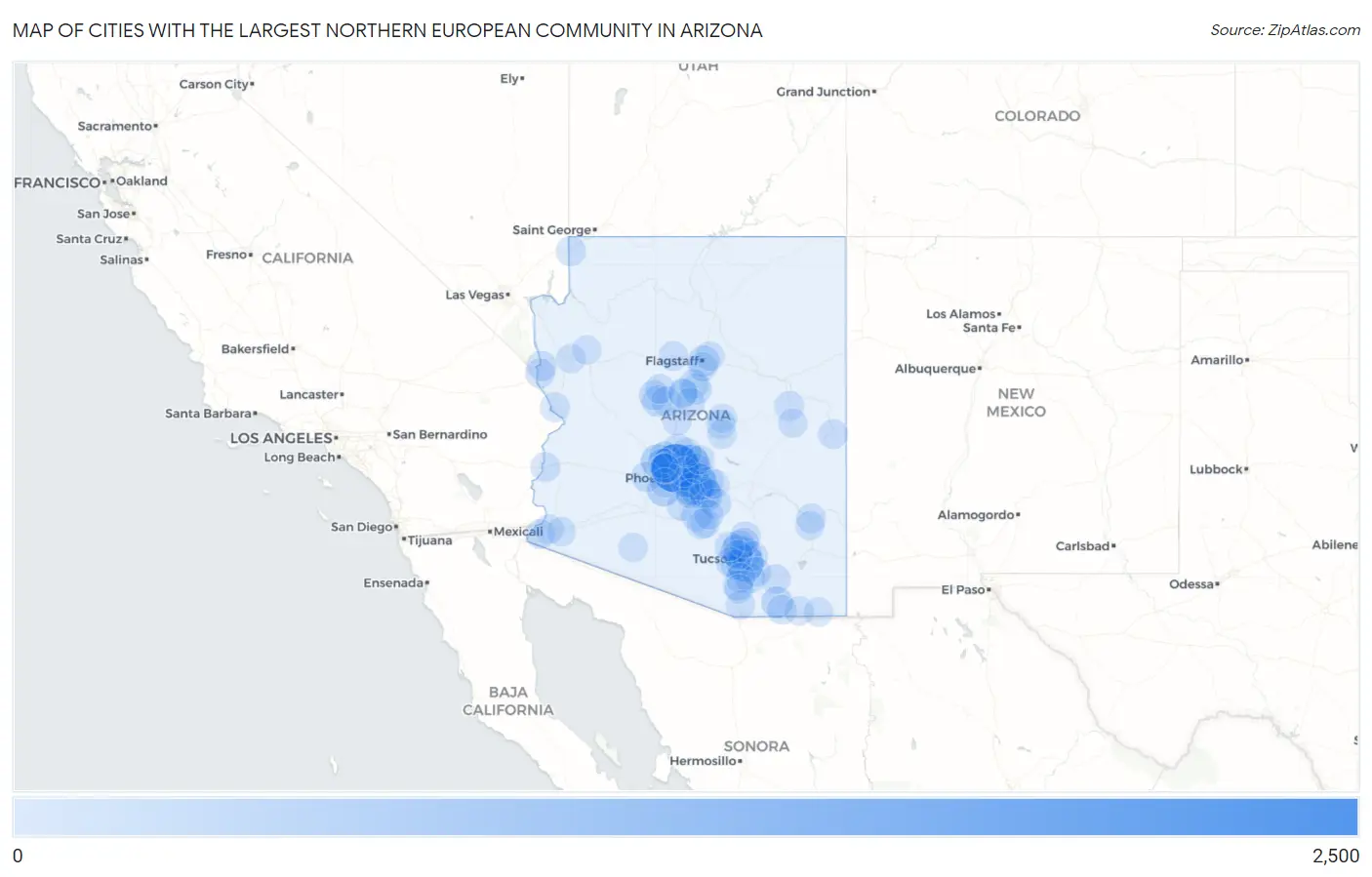 Cities with the Largest Northern European Community in Arizona Map