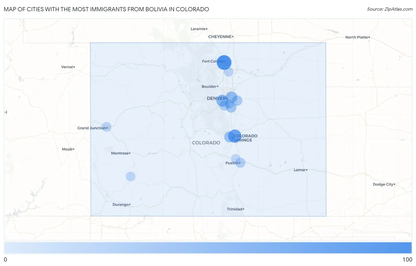 Cities with the Most Immigrants from Bolivia in Colorado Map