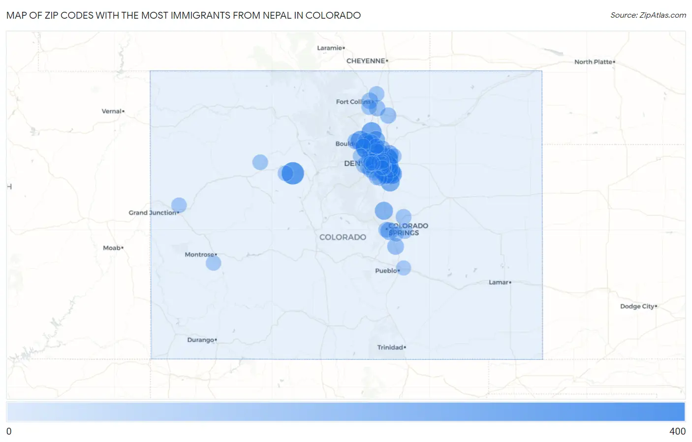 Zip Codes with the Most Immigrants from Nepal in Colorado Map