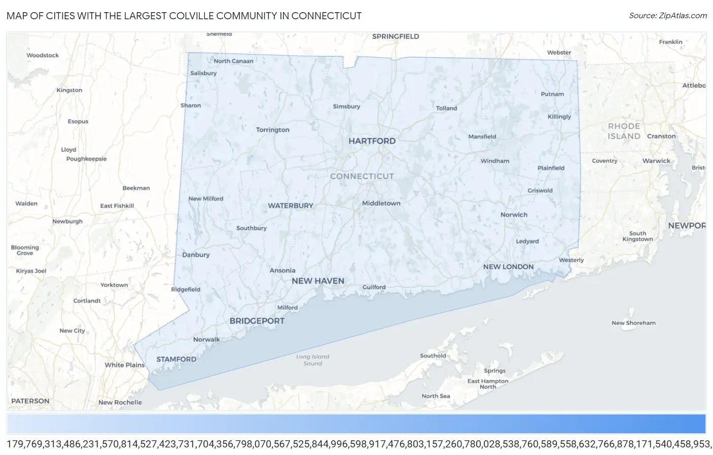 Cities with the Largest Colville Community in Connecticut Map