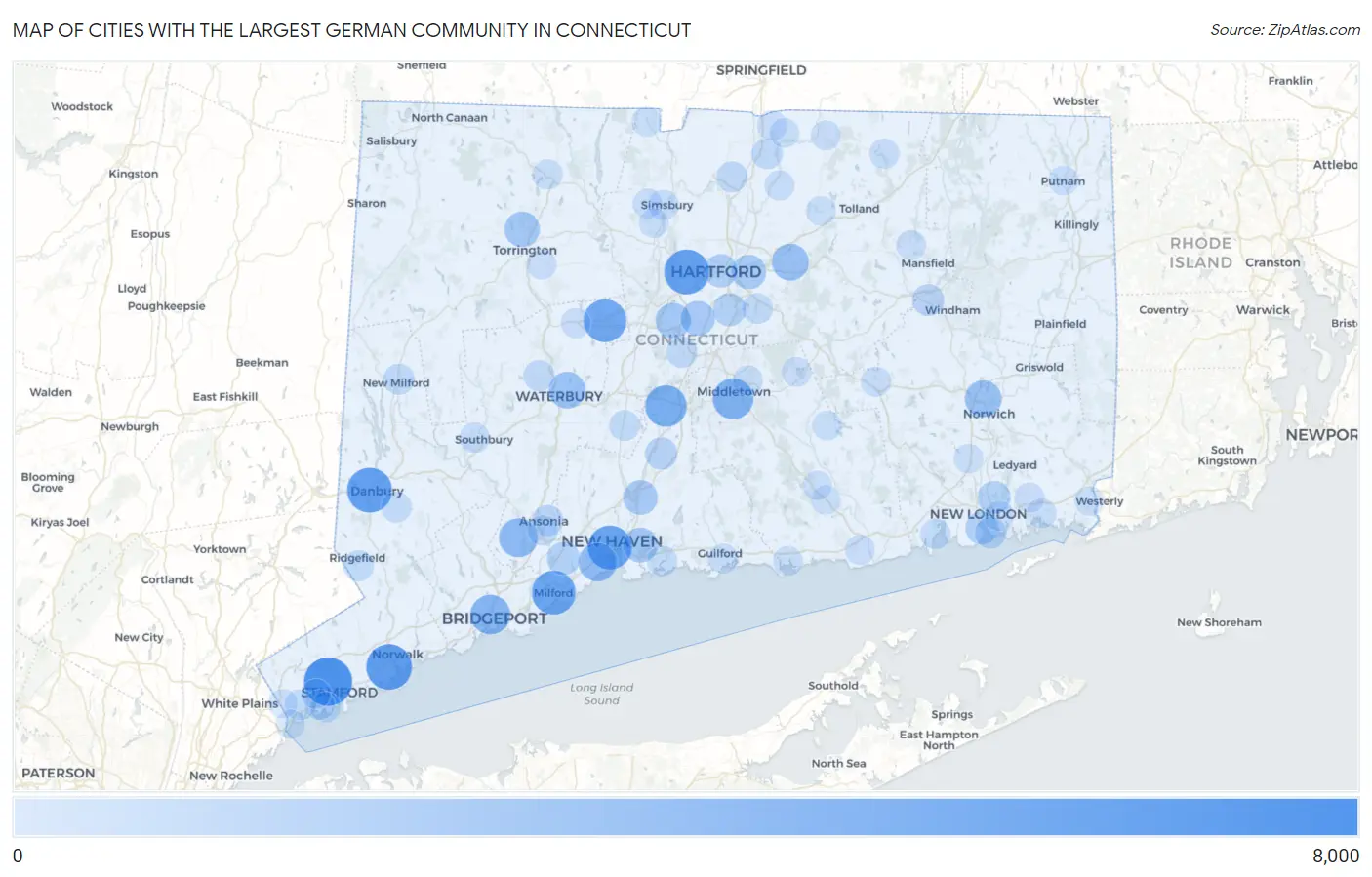 Cities with the Largest German Community in Connecticut Map