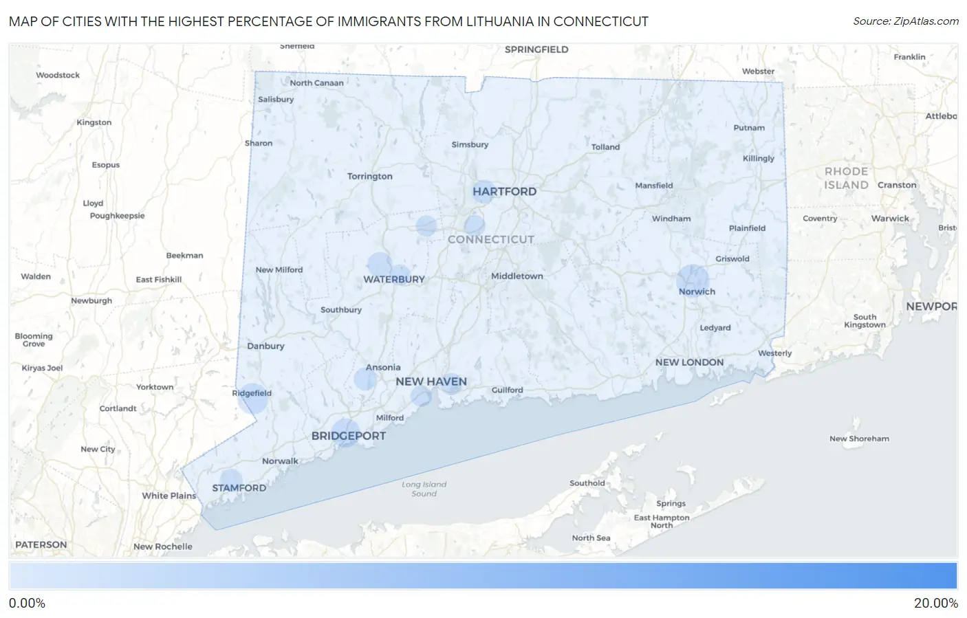 Cities with the Highest Percentage of Immigrants from Lithuania in Connecticut Map