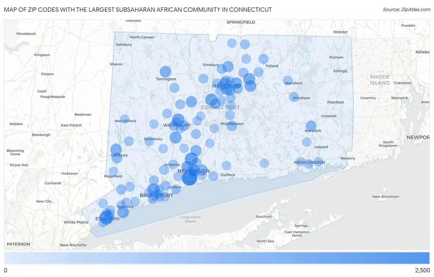 Zip Codes with the Largest Subsaharan African Community in Connecticut Map