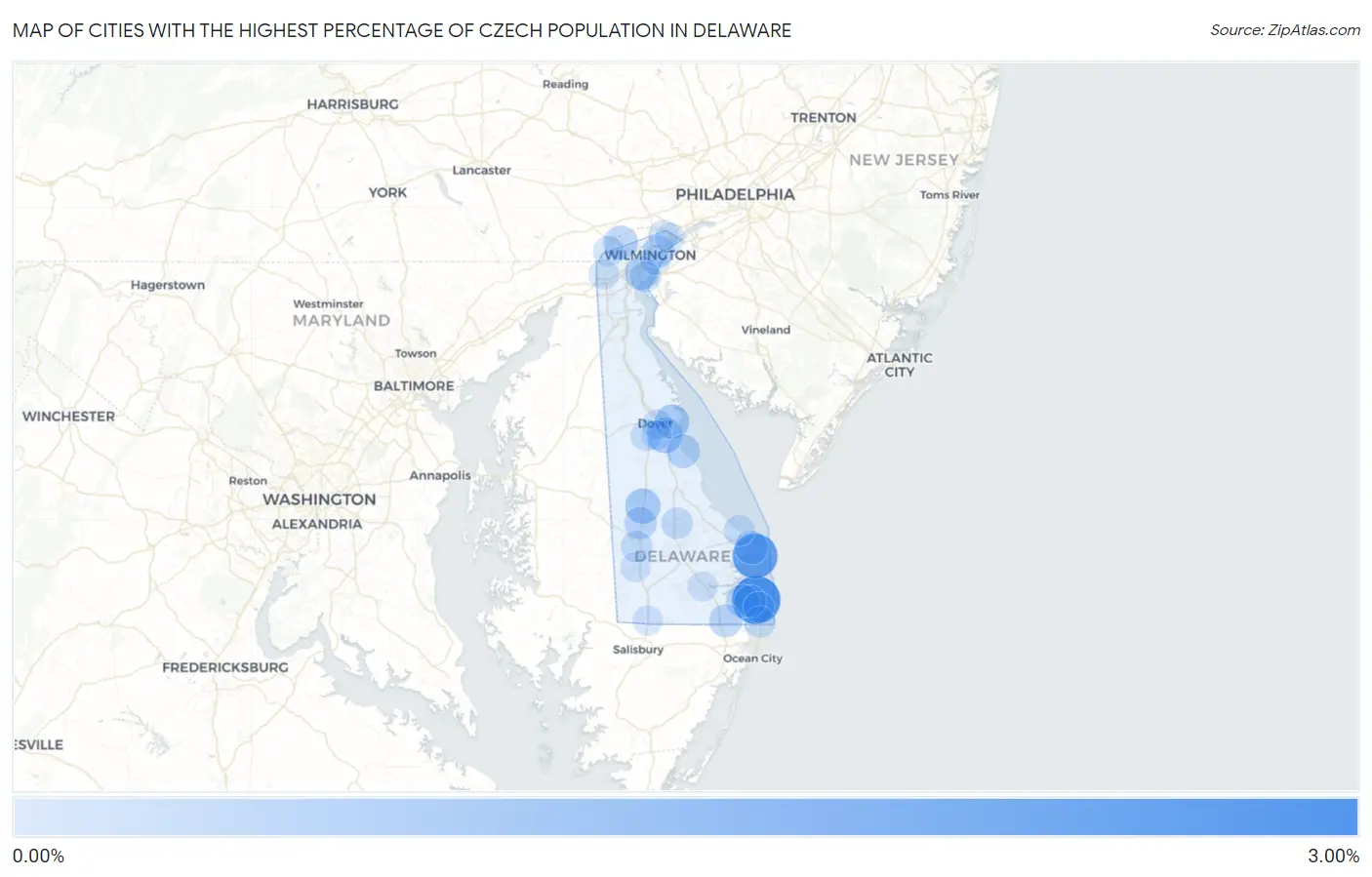 Cities with the Highest Percentage of Czech Population in Delaware Map