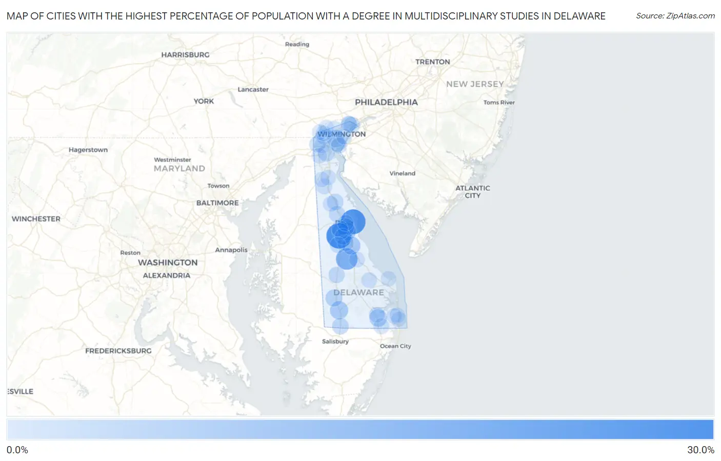 Cities with the Highest Percentage of Population with a Degree in Multidisciplinary Studies in Delaware Map