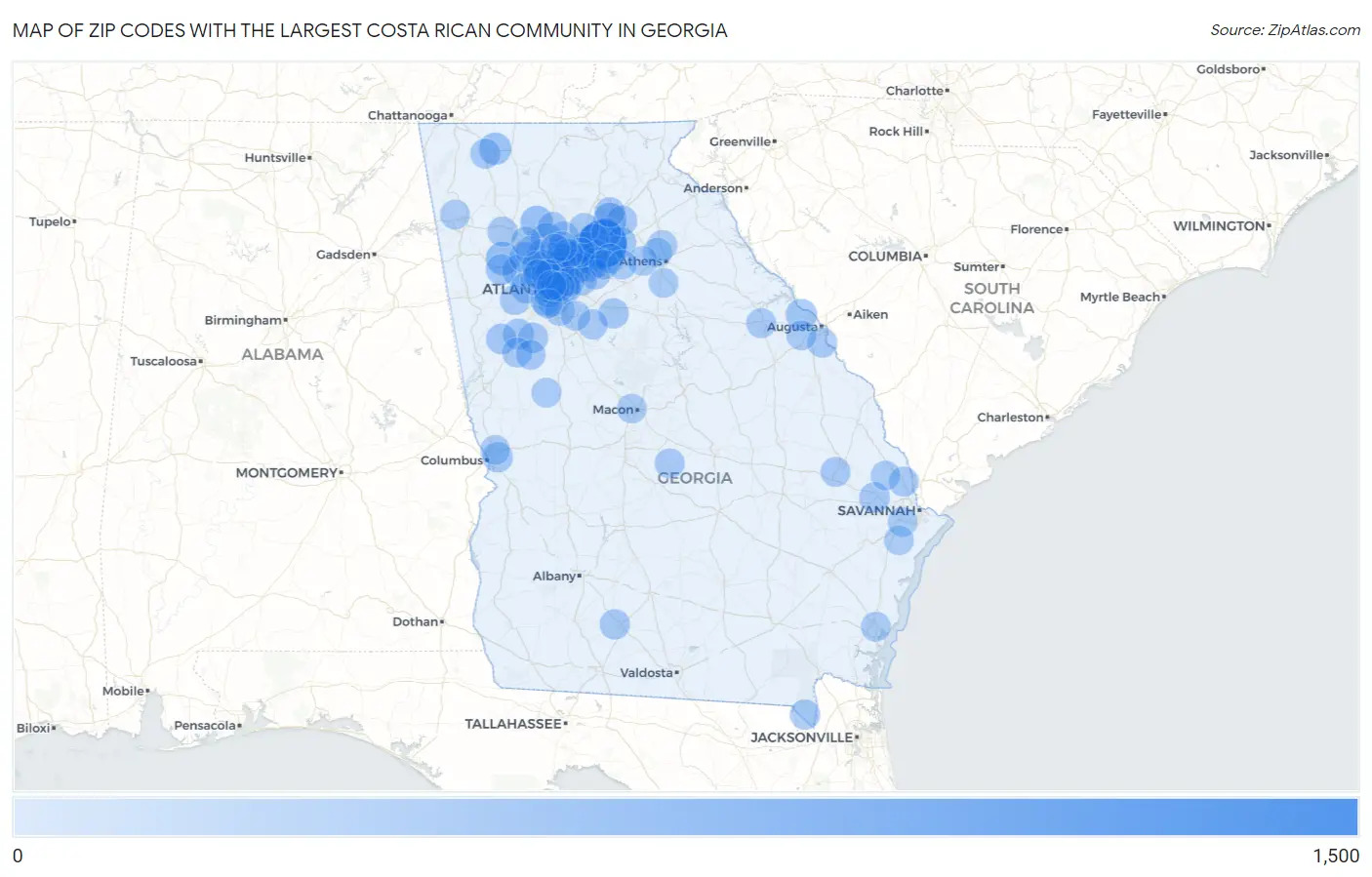 Zip Codes with the Largest Costa Rican Community in Georgia Map