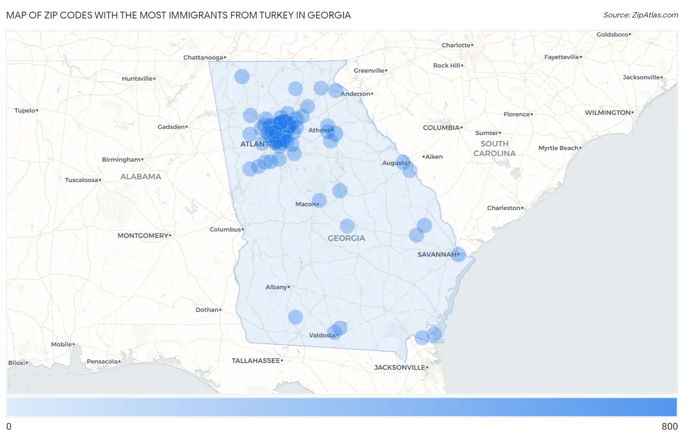 Zip Codes with the Most Immigrants from Turkey in Georgia Map