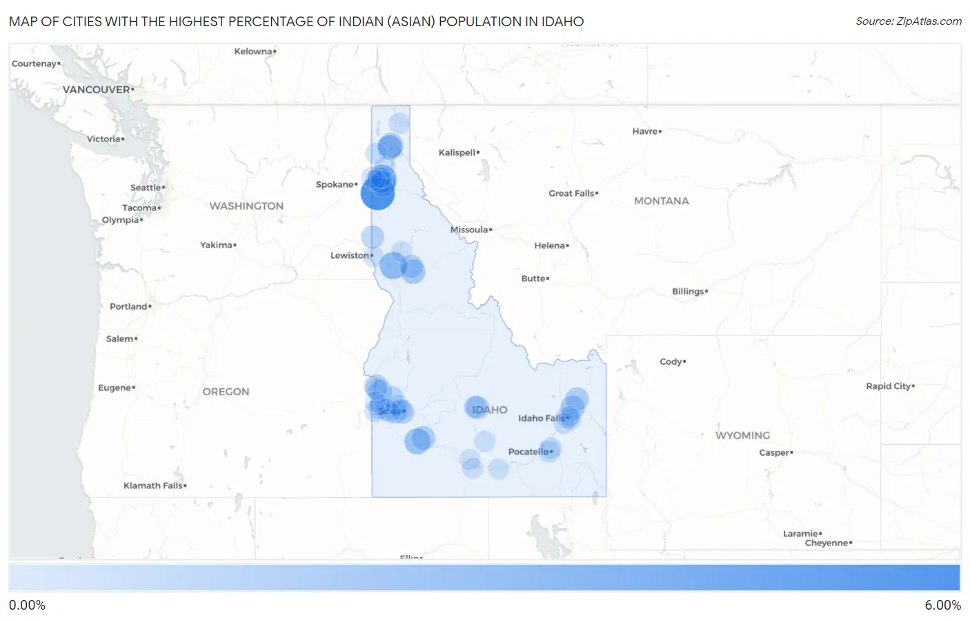 Cities with the Highest Percentage of Indian (Asian) Population in Idaho Map