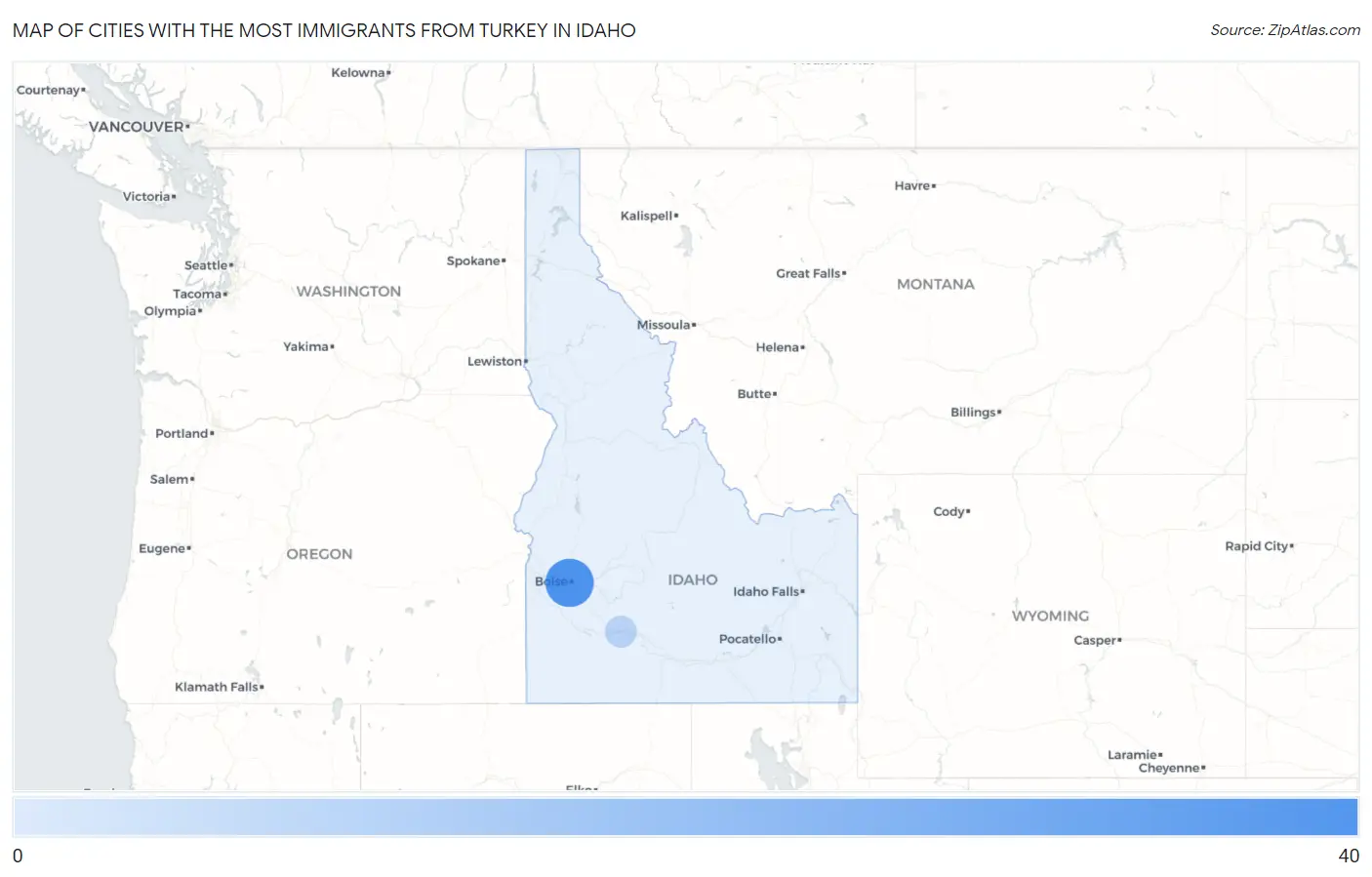 Cities with the Most Immigrants from Turkey in Idaho Map