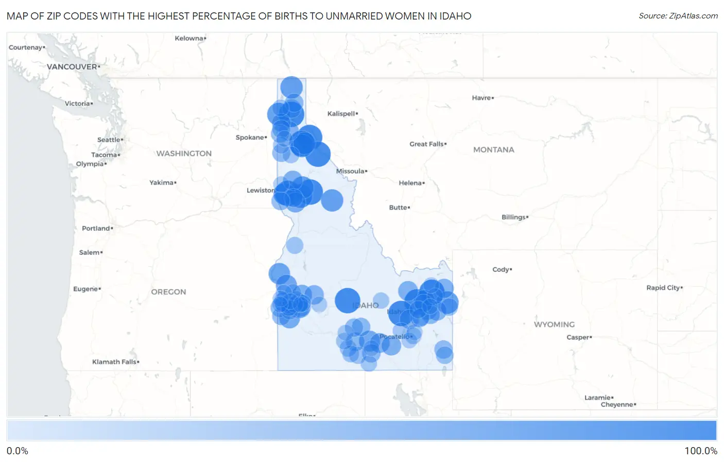 Zip Codes with the Highest Percentage of Births to Unmarried Women in Idaho Map