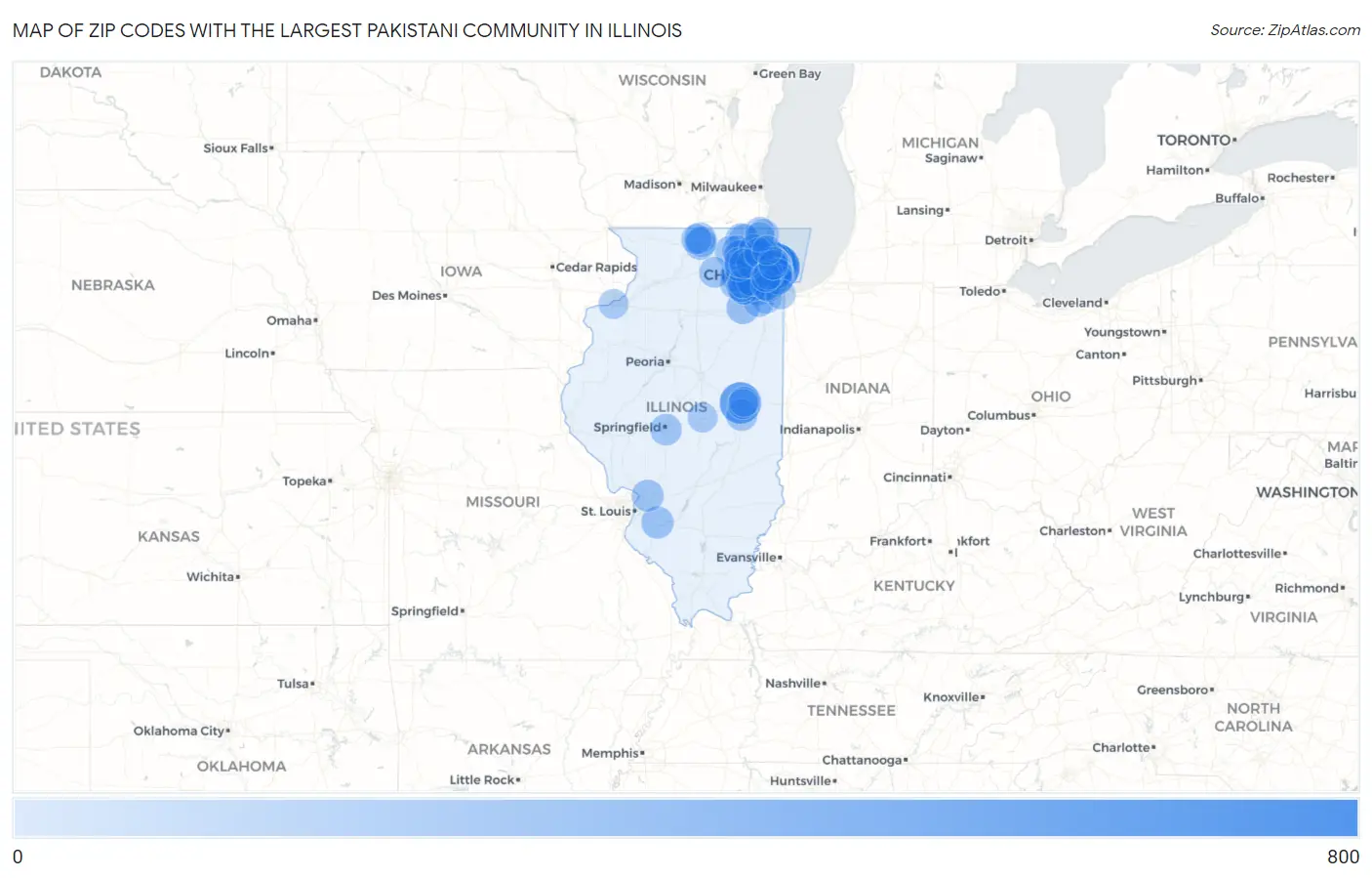 Zip Codes with the Largest Pakistani Community in Illinois Map