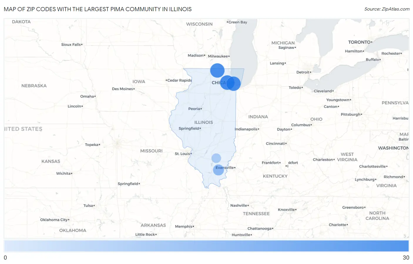 Zip Codes with the Largest Pima Community in Illinois Map