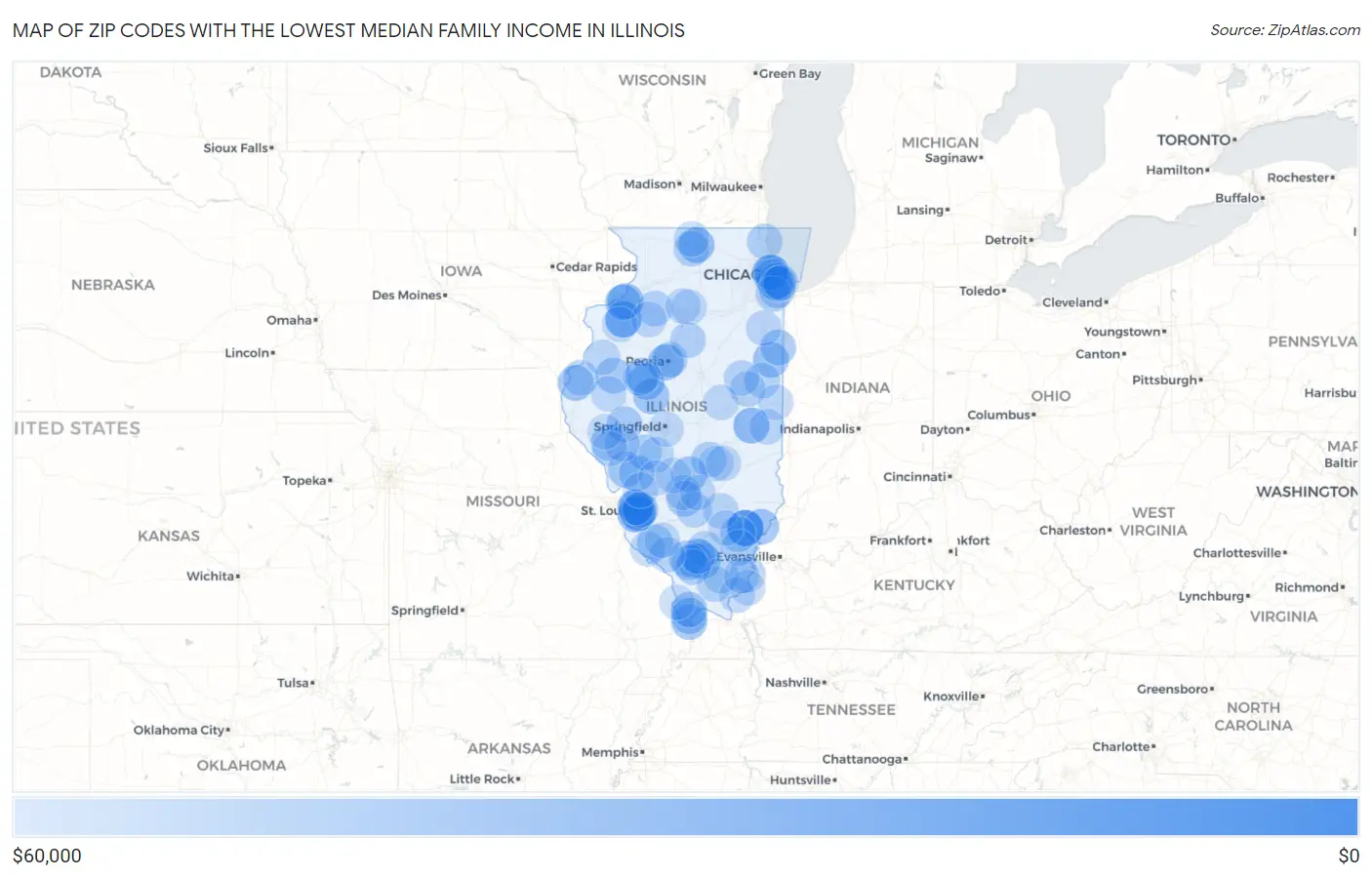 Zip Codes with the Lowest Median Family Income in Illinois Map