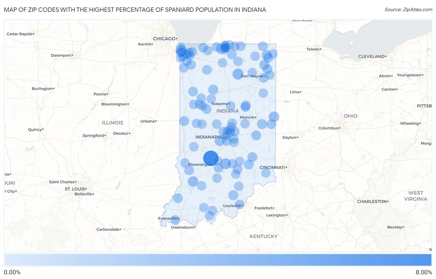 Zip Codes with the Highest Percentage of Spaniard Population in Indiana Map