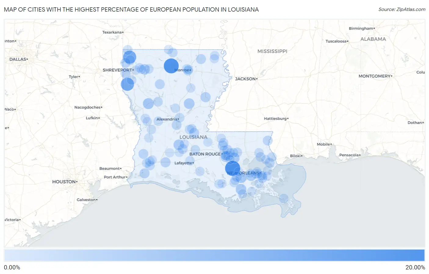 Cities with the Highest Percentage of European Population in Louisiana Map