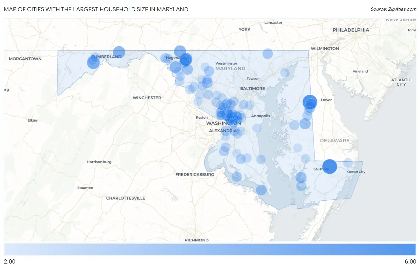 Cities with the Largest Household Size in Maryland Map