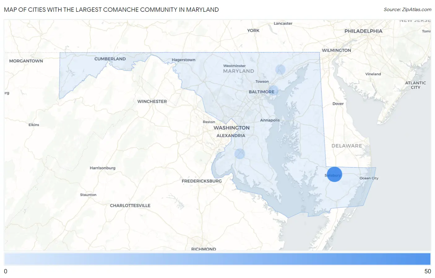 Cities with the Largest Comanche Community in Maryland Map