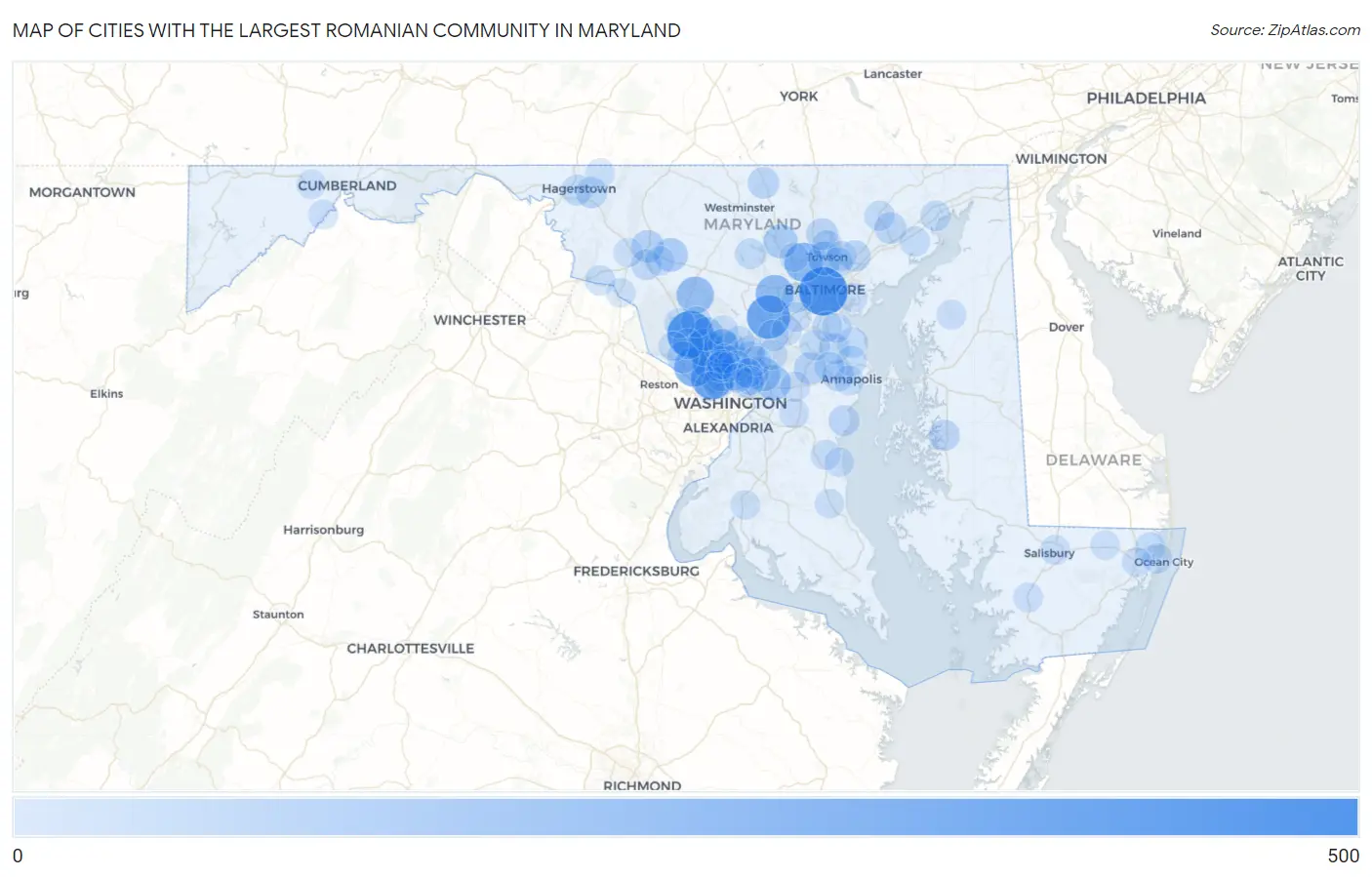 Cities with the Largest Romanian Community in Maryland Map