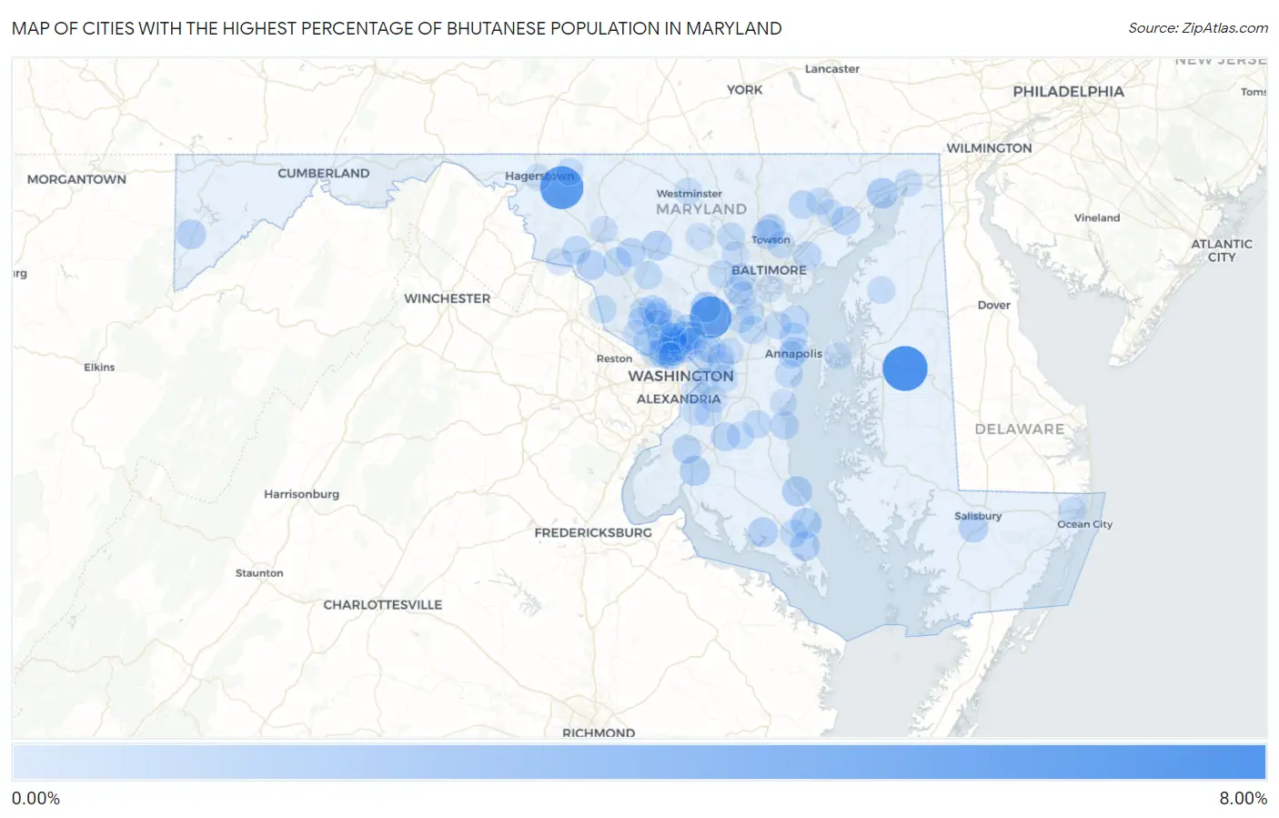 Cities with the Highest Percentage of Bhutanese Population in Maryland Map