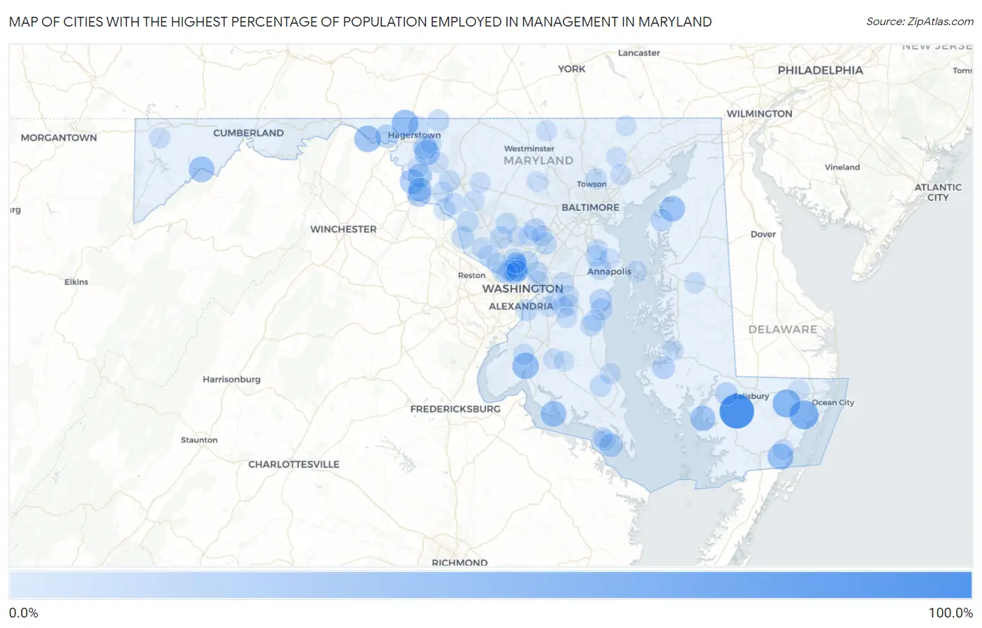 Cities with the Highest Percentage of Population Employed in Management in Maryland Map