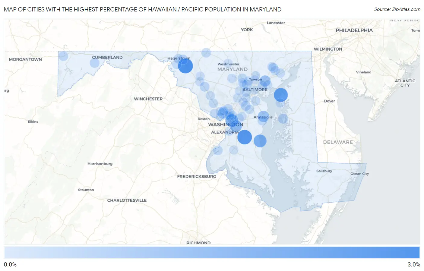 Cities with the Highest Percentage of Hawaiian / Pacific Population in Maryland Map