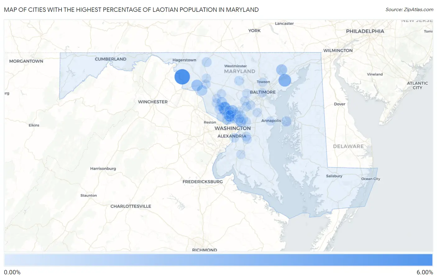 Cities with the Highest Percentage of Laotian Population in Maryland Map