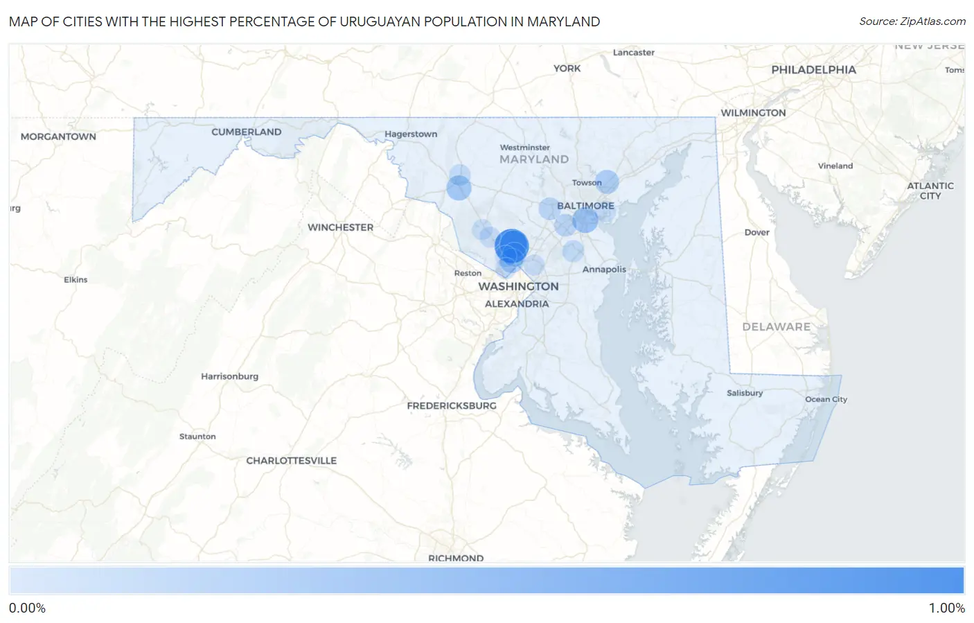 Cities with the Highest Percentage of Uruguayan Population in Maryland Map