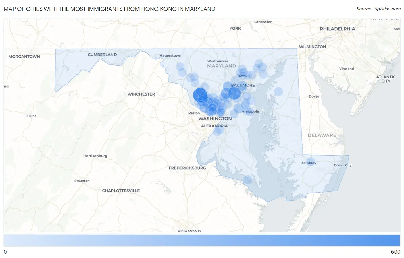 Cities with the Most Immigrants from Hong Kong in Maryland Map