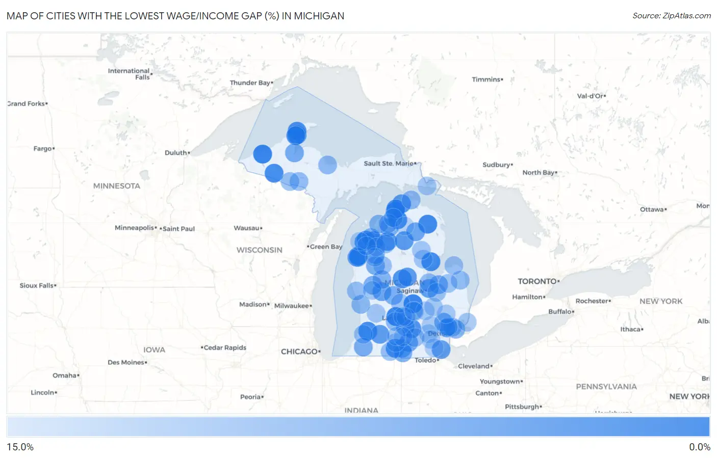 Cities with the Lowest Wage/Income Gap (%) in Michigan Map