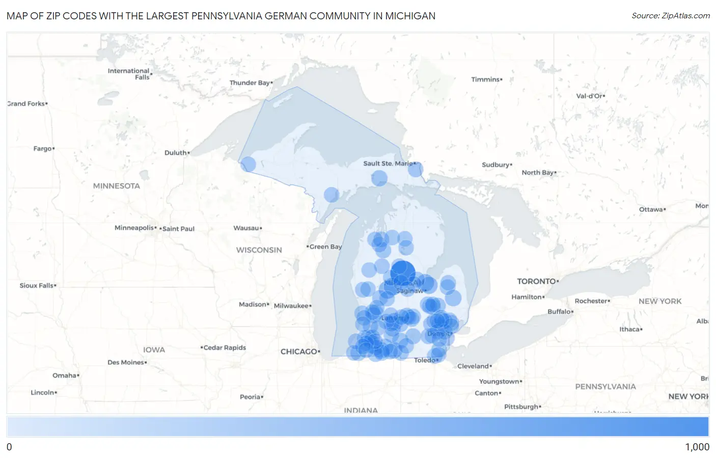 Zip Codes with the Largest Pennsylvania German Community in Michigan Map