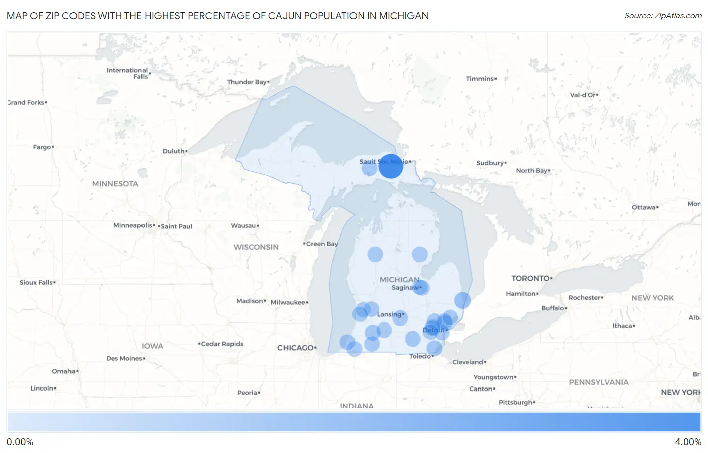 Zip Codes with the Highest Percentage of Cajun Population in Michigan Map