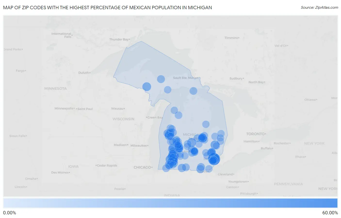 Zip Codes with the Highest Percentage of Mexican Population in Michigan Map