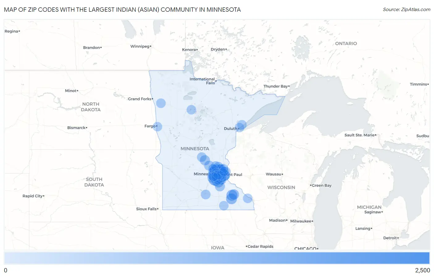 Zip Codes with the Largest Indian (Asian) Community in Minnesota Map